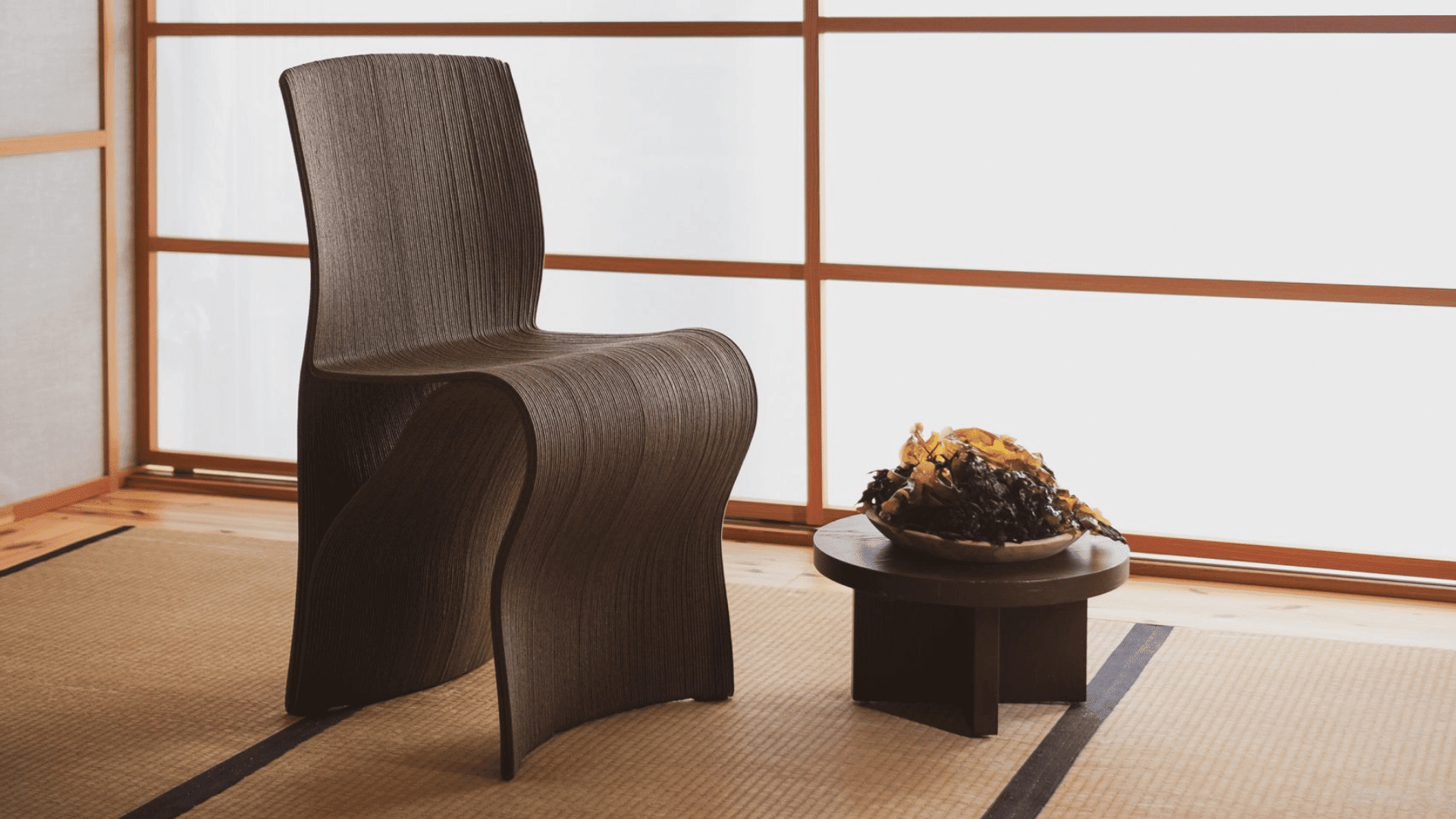 3D Printed Kelp Chair is made of recycled fishnets and wood pulp; Photo: de show zeen room