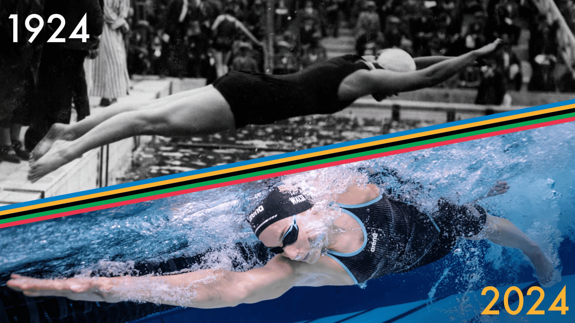 Evolution of olympic swimwear; Photo Archives CNOSF:AFP via Getty Images and Arena:Mike Lewis.