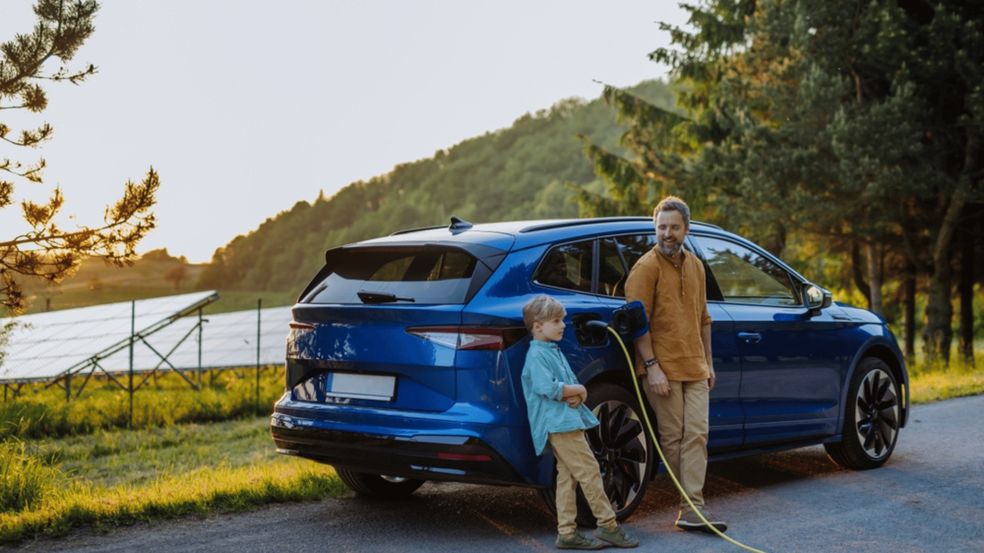 Father and son going on a road trip electric vehicle