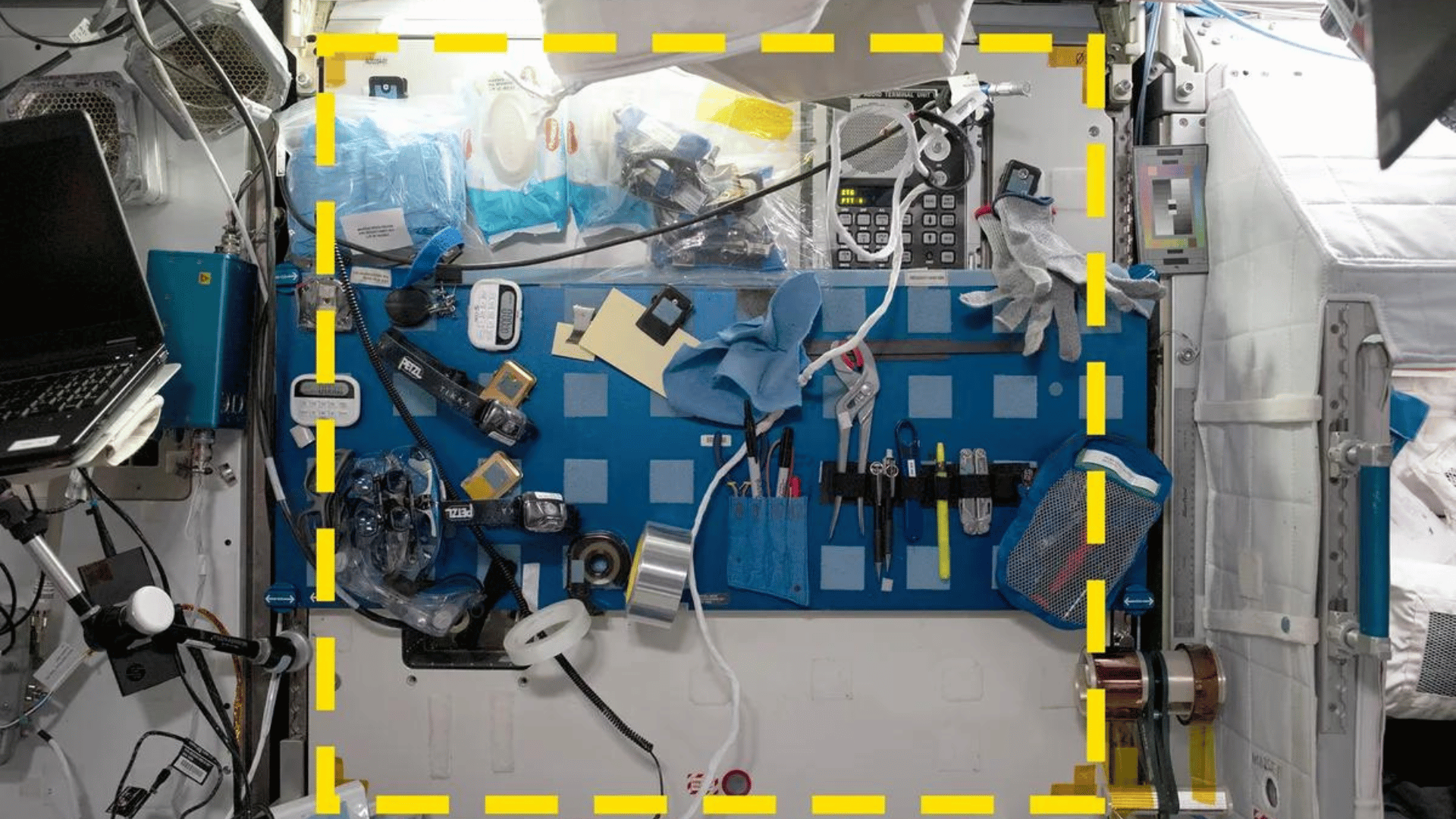 One of the sample locations selected for the ISS study- this is Square 03 in the starboard Maintenance Work Area. Image Credit: NASA:ISSAP and Walsh et al., 2024, PLOS ONE (CC-BY 4.0).