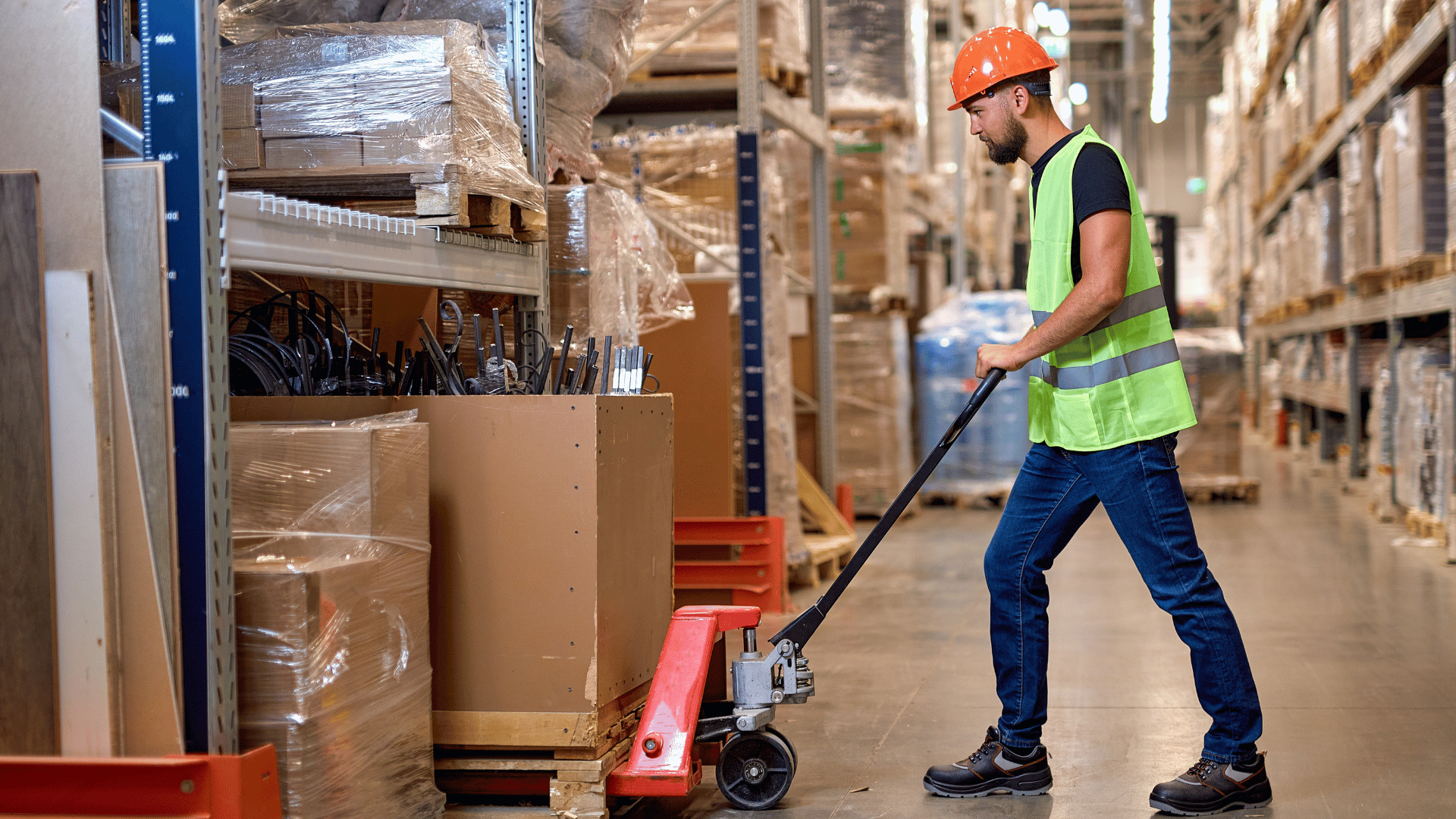 Worker Using Pallet Jack to Move Boxes pallet jacks industrial, low profil